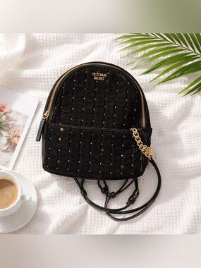 Victoria's Secret Velvet Black Quilted Mini Backpack with Gold Accents